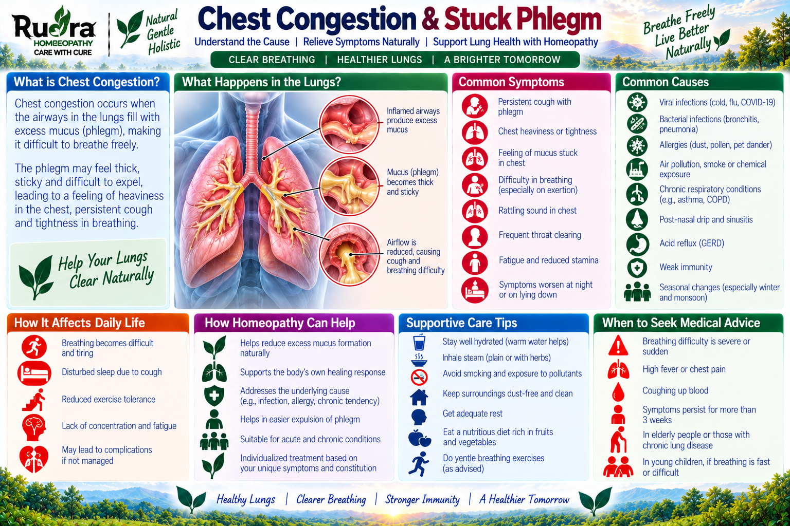 Homeopathic medicine for chest congestion showing stuck phlegm care, bronchial clearance support, and natural respiratory wellness across age groups