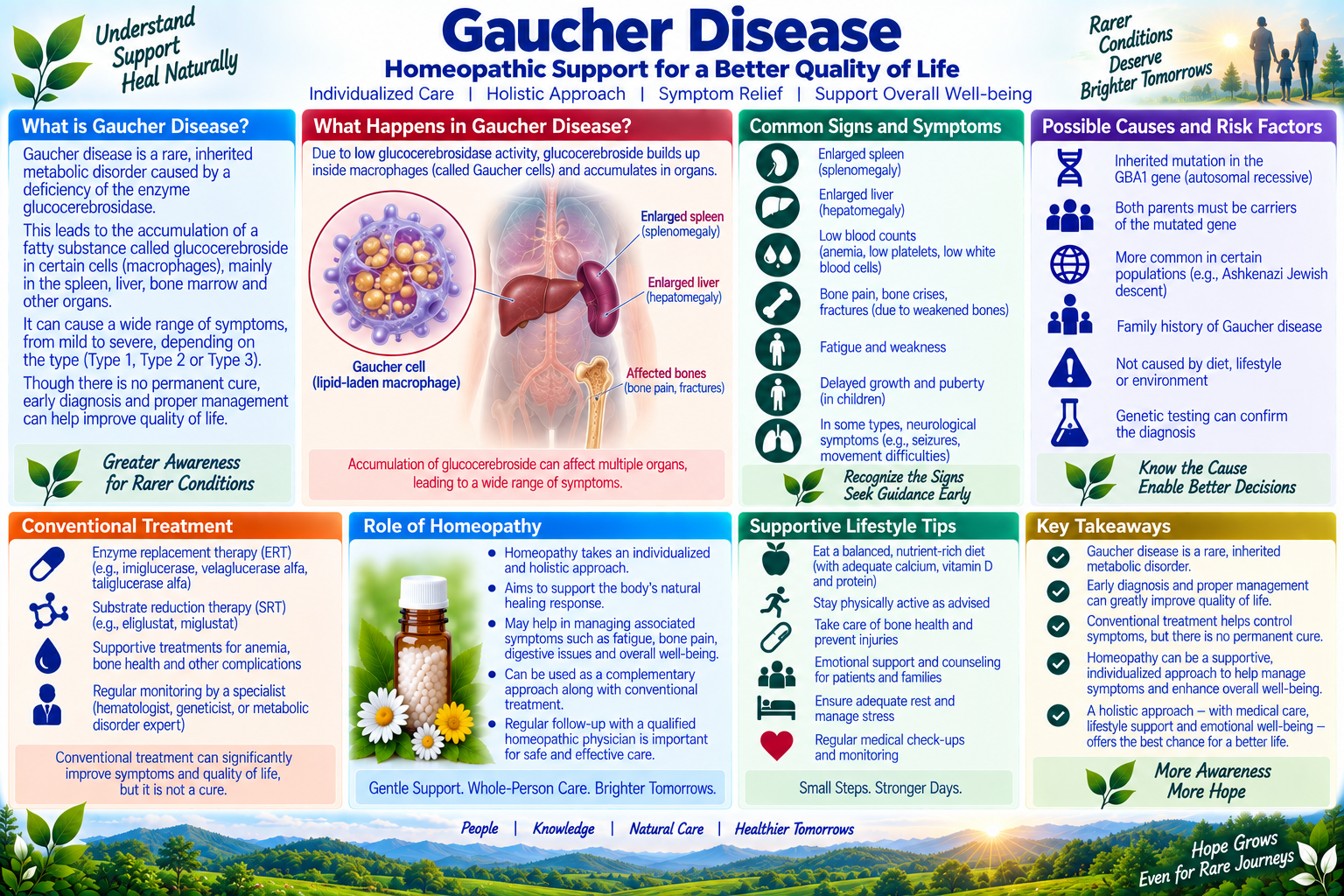 Homeopathic medicine for Gaucher disease showing glucocerebrosidase care, hepatosplenomegaly support, and natural lysosomal wellness