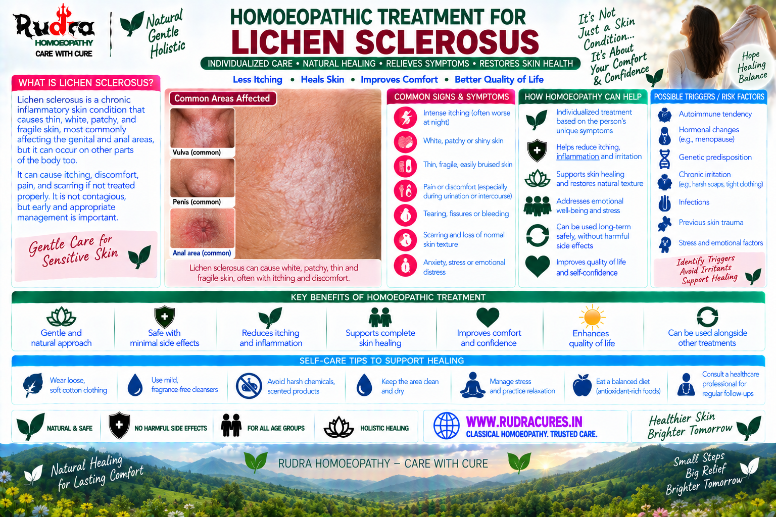 Homeopathic medicine for lichen sclerosus showing mucosal care, skin whitening relief, and natural dermatological wellness