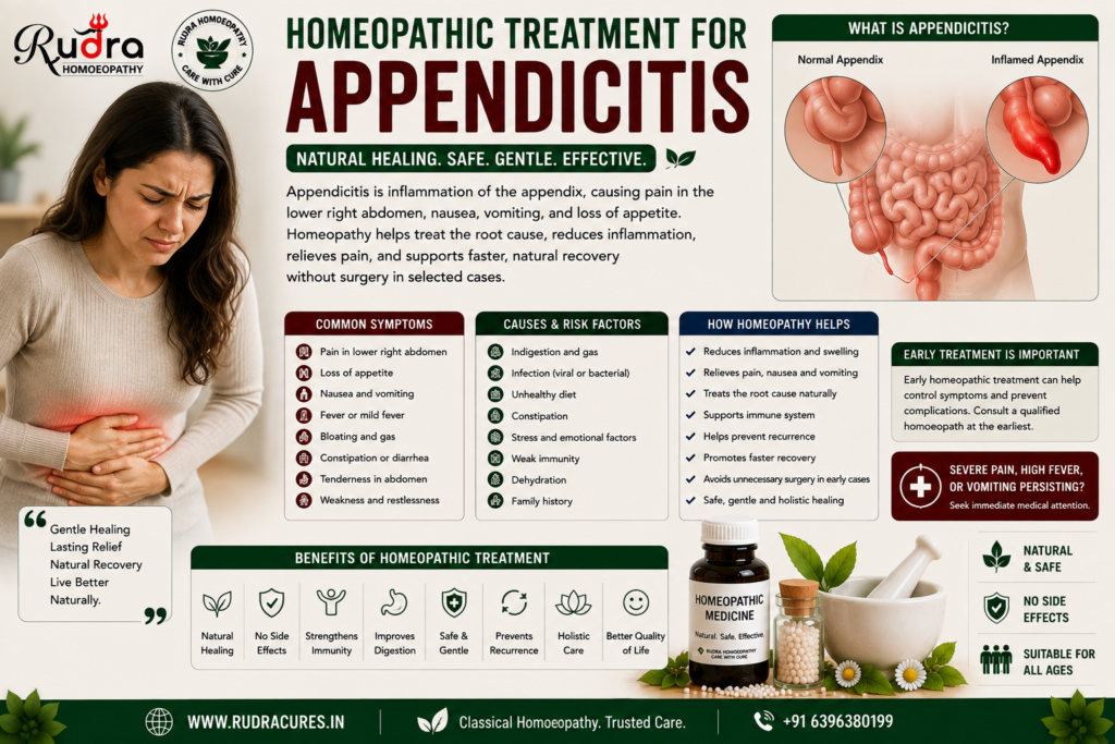 Homeopathic remedies for acute catarrhal appendicitis, McBurney point tenderness, right iliac fossa pain, and peritonitis prevention