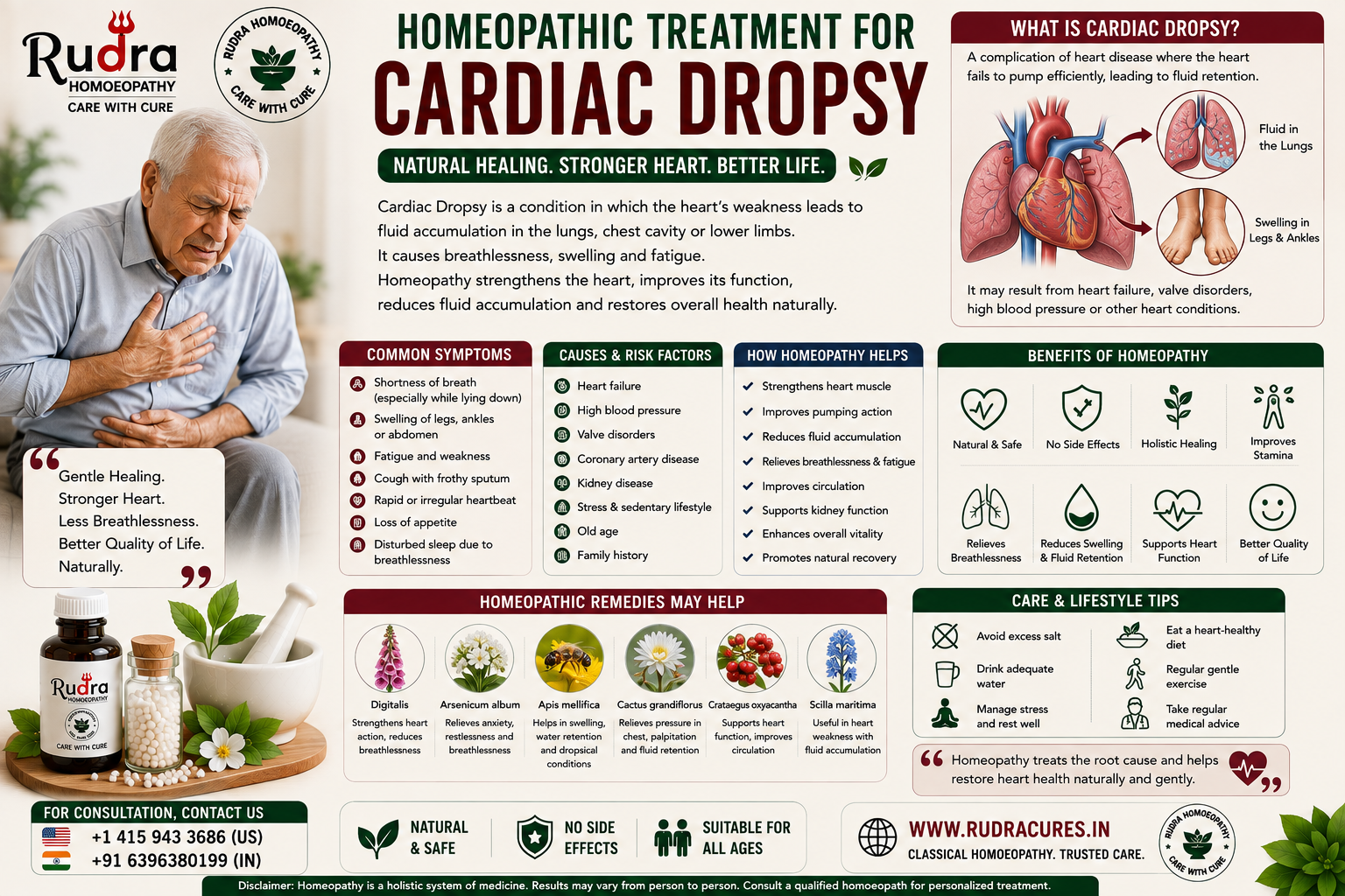 Homeopathic remedies for congestive heart failure dropsy, pedal edema, orthopnea, ascites, and myocardial tone