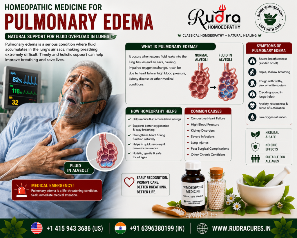Homeopathic remedies for pulmonary edema, pink frothy sputum, cardiac breathlessness, orthopnea, and oxygen support