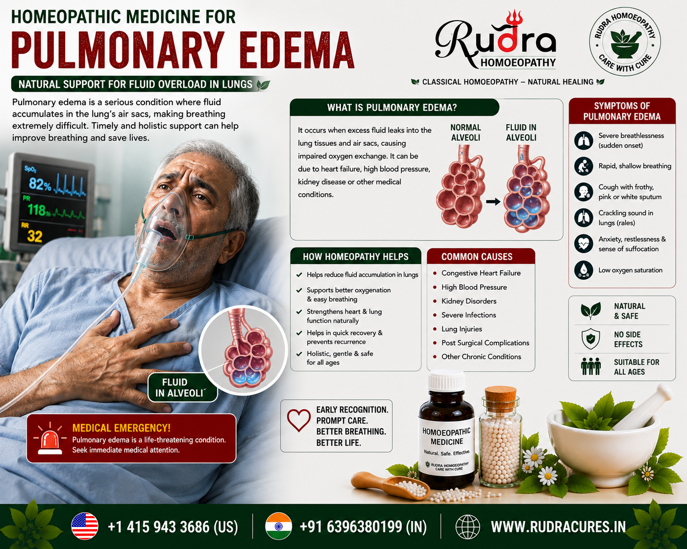 Homeopathic remedies for pulmonary edema, pink frothy sputum, cardiac breathlessness, orthopnea, and oxygen support
