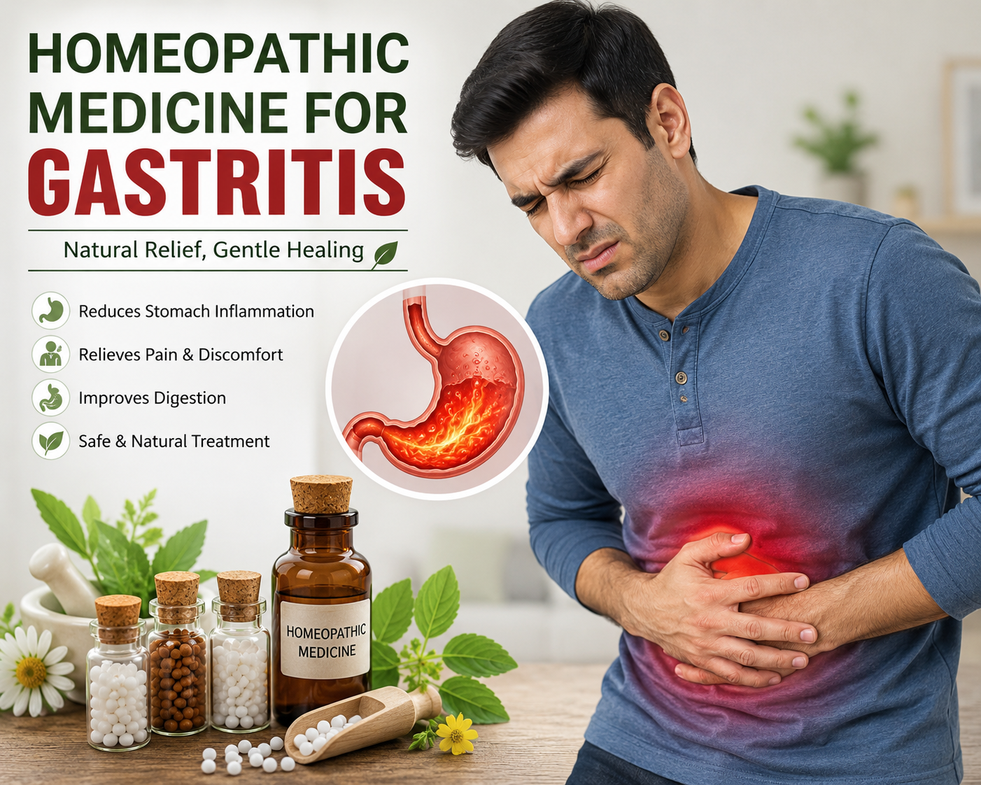 Homeopathic remedies for acute gastritis, chronic gastritis, stomach burning, bloating, and H pylori care