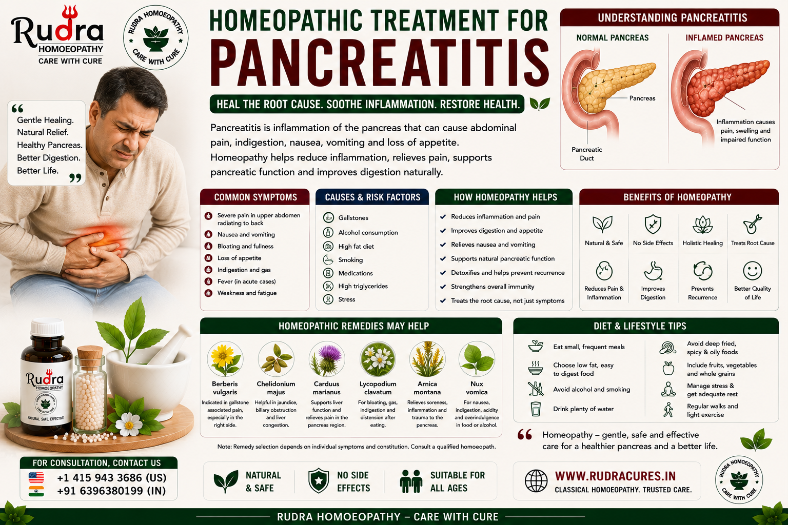 Homeopathic remedies for acute pancreatitis, epigastric pain radiating to back, serum lipase amylase control, and pancreatic care