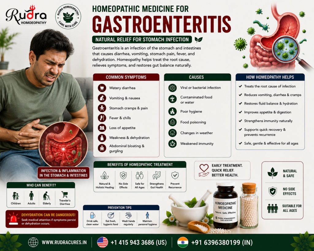 Homeopathic remedies for acute gastroenteritis, vomiting, diarrhea, food poisoning, stomach cramps, and gut dehydration