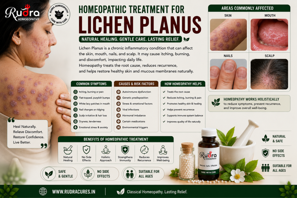 Homeopathic remedies for cutaneous lichen planus, oral white lace Wickham striae, violaceous itchy papules, and immune balance