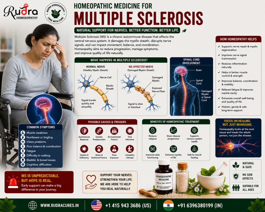 Homeopathic remedies for multiple sclerosis, optic neuritis, gait ataxia, muscle spasticity, Lhermitte sign, and nerve vitality