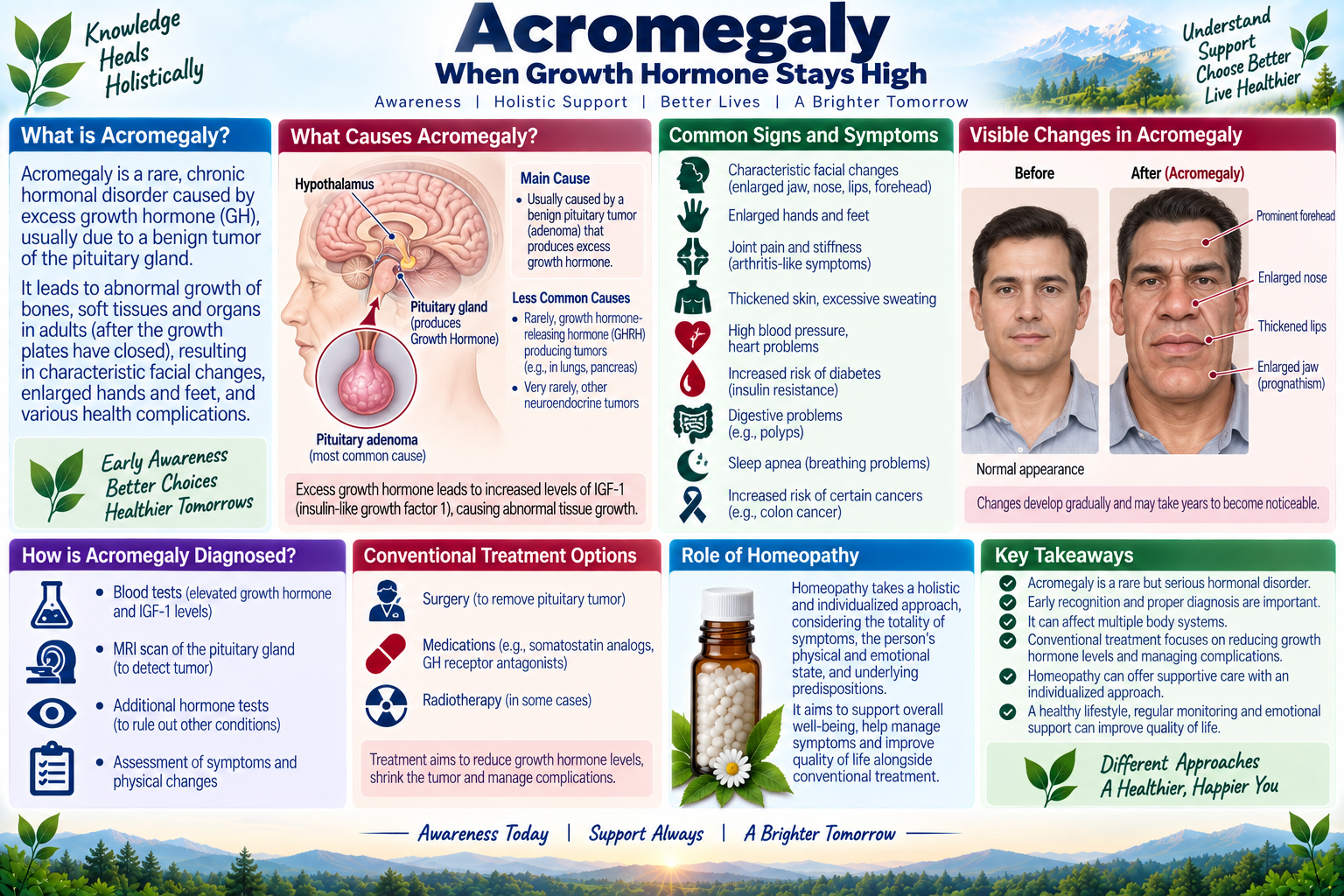 Homeopathic medicine for acromegaly showing growth hormone balance, bone overgrowth care, and natural endocrinological wellness