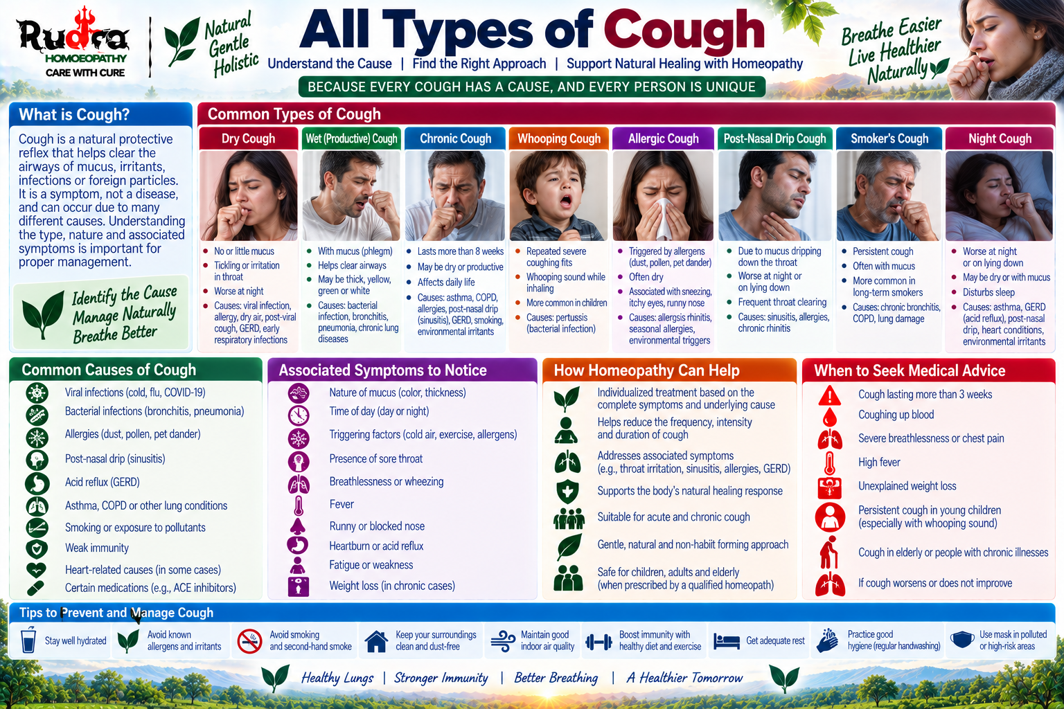 Homeopathic medicine for cough showing respiratory canal care, pharynx and larynx support, and natural pulmonary wellness