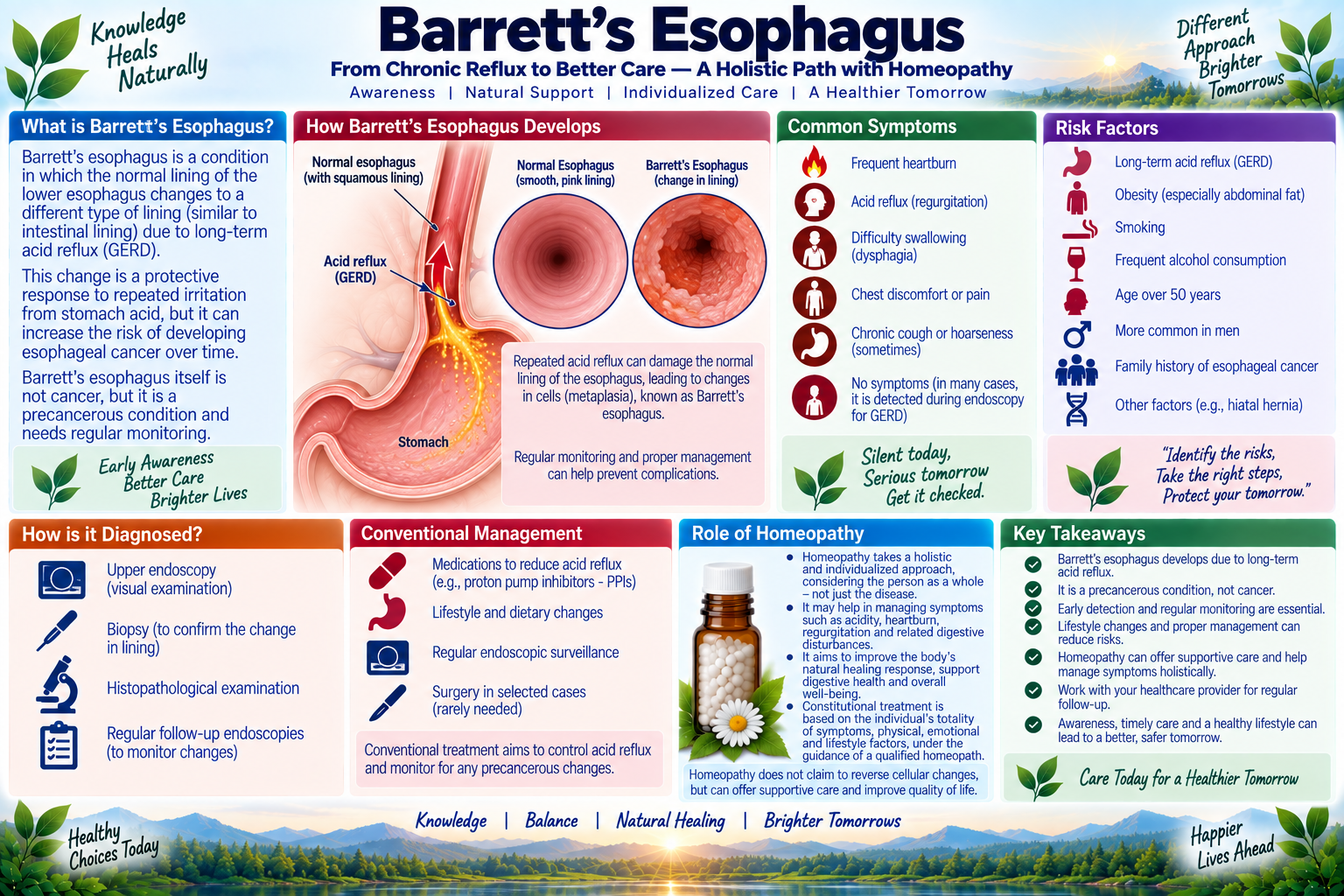 Homeopathic medicine for Barrett's esophagus showing esophageal mucosal care, acid reflux relief, and natural gastroenterological wellness