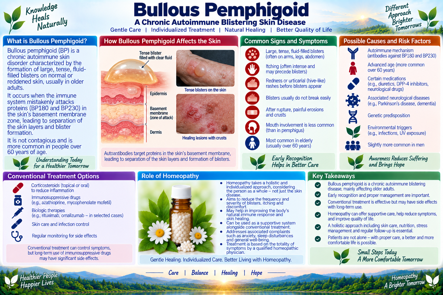 Homeopathic medicine for bullous pemphigoid showing subepidermal blistering care, tension bullae relief, and natural dermatological wellness