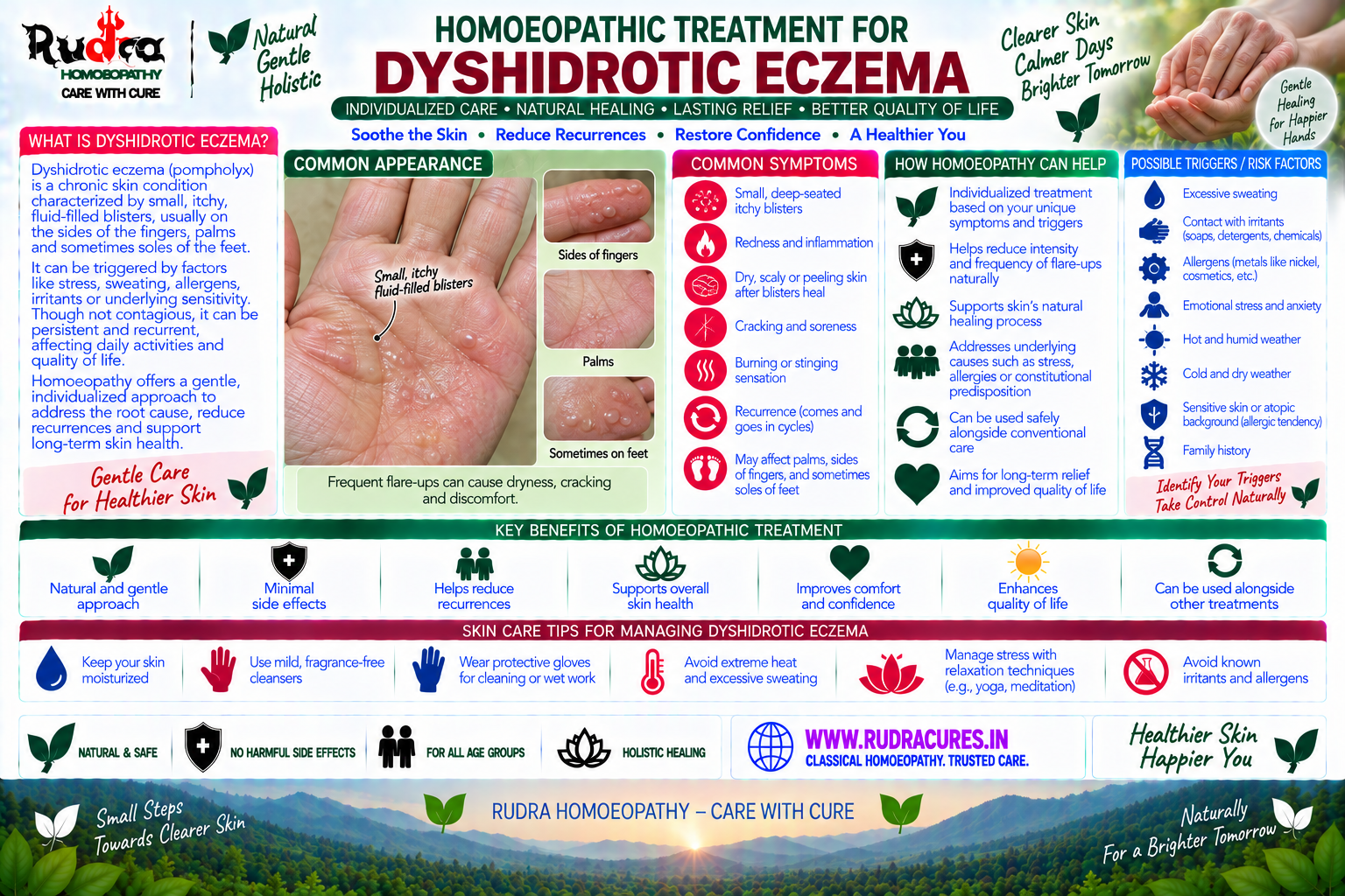 Homeopathic medicine for dyshidrotic eczema showing vesicular skin care, palm and sole healing, and natural dermatological wellness