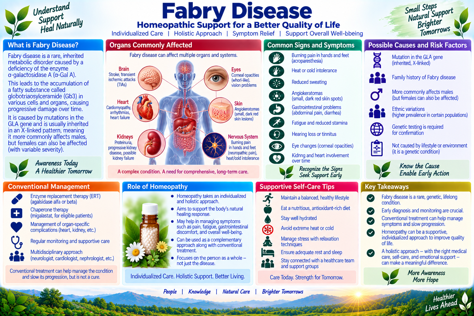 Homeopathic medicine for fabry disease showing alpha-galactosidase care, acroparesthesia relief, and natural lysosomal wellness