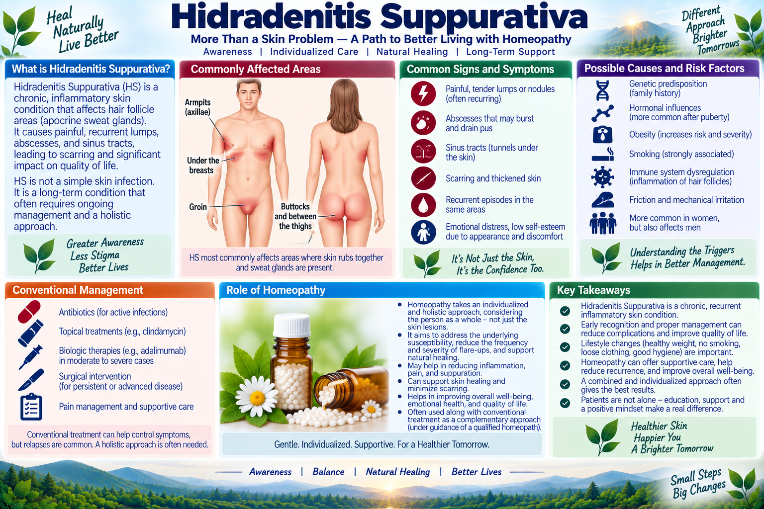 Homeopathic medicine for hidradenitis suppurativa showing follicular occlusion care, abscess healing, and natural dermatological wellness