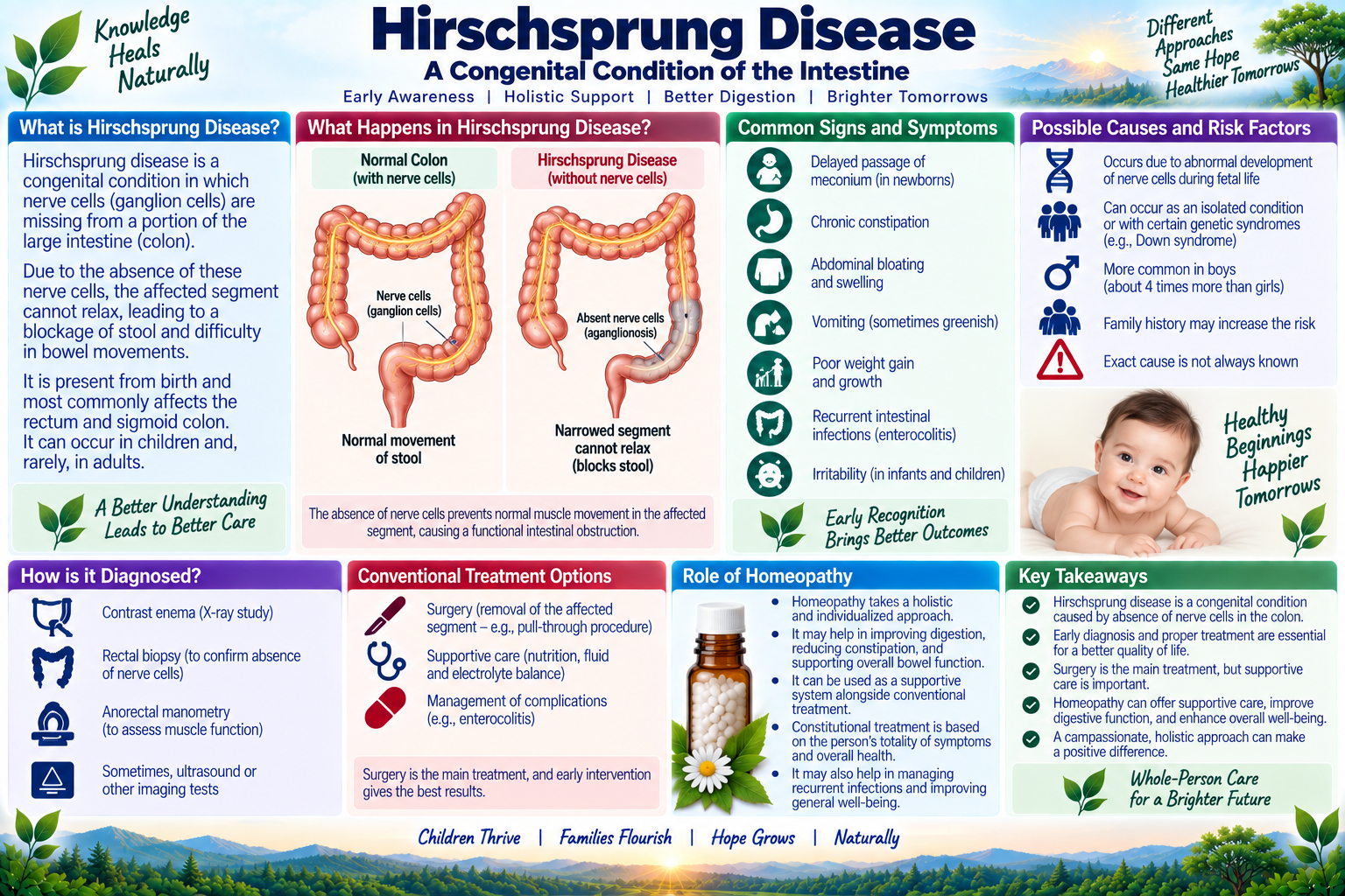 Homeopathic medicine for Hirschsprung's disease showing congenital megacolon care, bowel motility relief, and natural pediatric gastrointestinal wellness