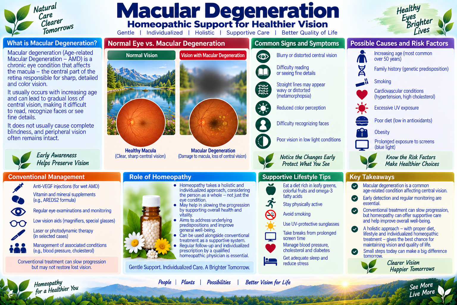 Homeopathic medicine for macular degeneration showing age-related retinal care, drusen clearance, and natural ophthalmological wellness