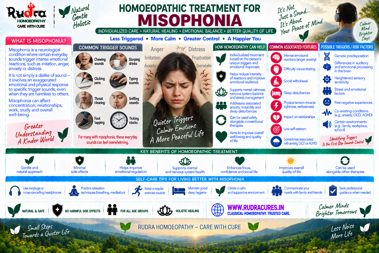 Homeopathic medicine for misophonia showing neurological sound sensitivity relief, auditory nerve care, and natural calm wellness