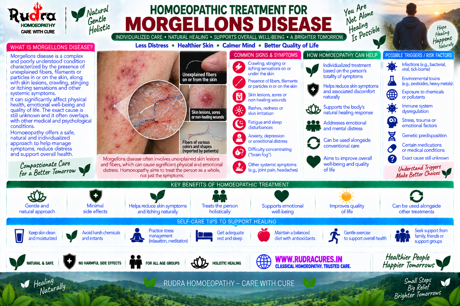 Homeopathic medicine for Morgellons disease showing skin fiber care, neuralgic itch relief, and natural dermatological healing