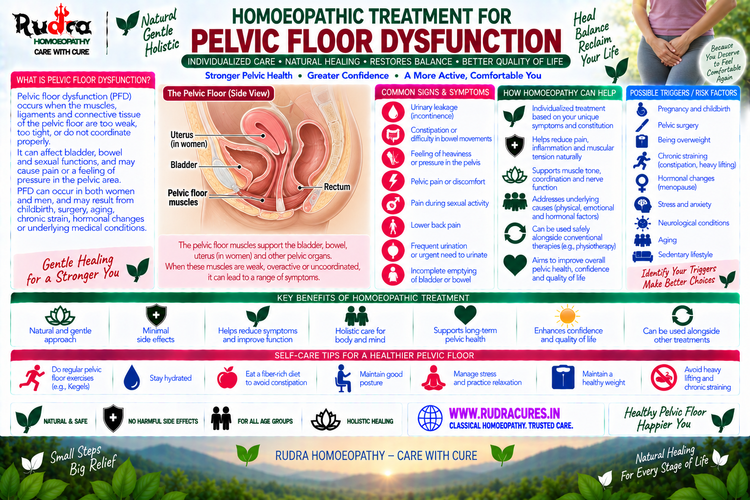 Homeopathic medicine for pelvic floor dysfunction showing pelvic muscle relaxation, bladder care, and natural neuromuscular wellness