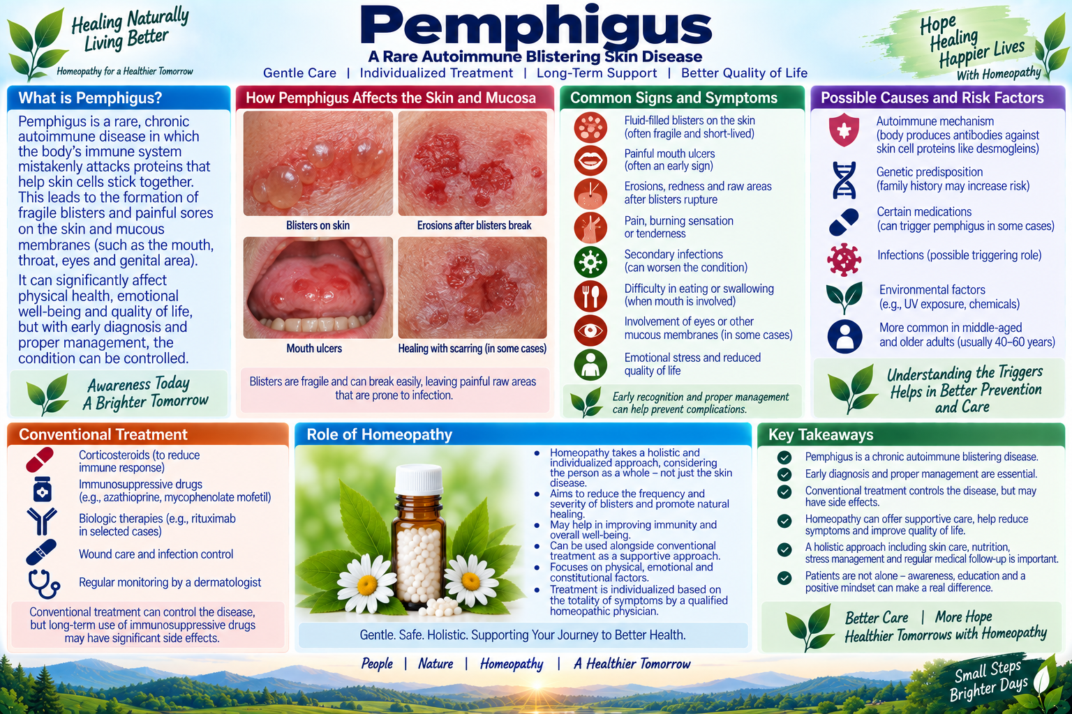 Homeopathic medicine for pemphigus showing autoimmune blistering skin care, mucosal ulcer relief, and natural dermatological wellness