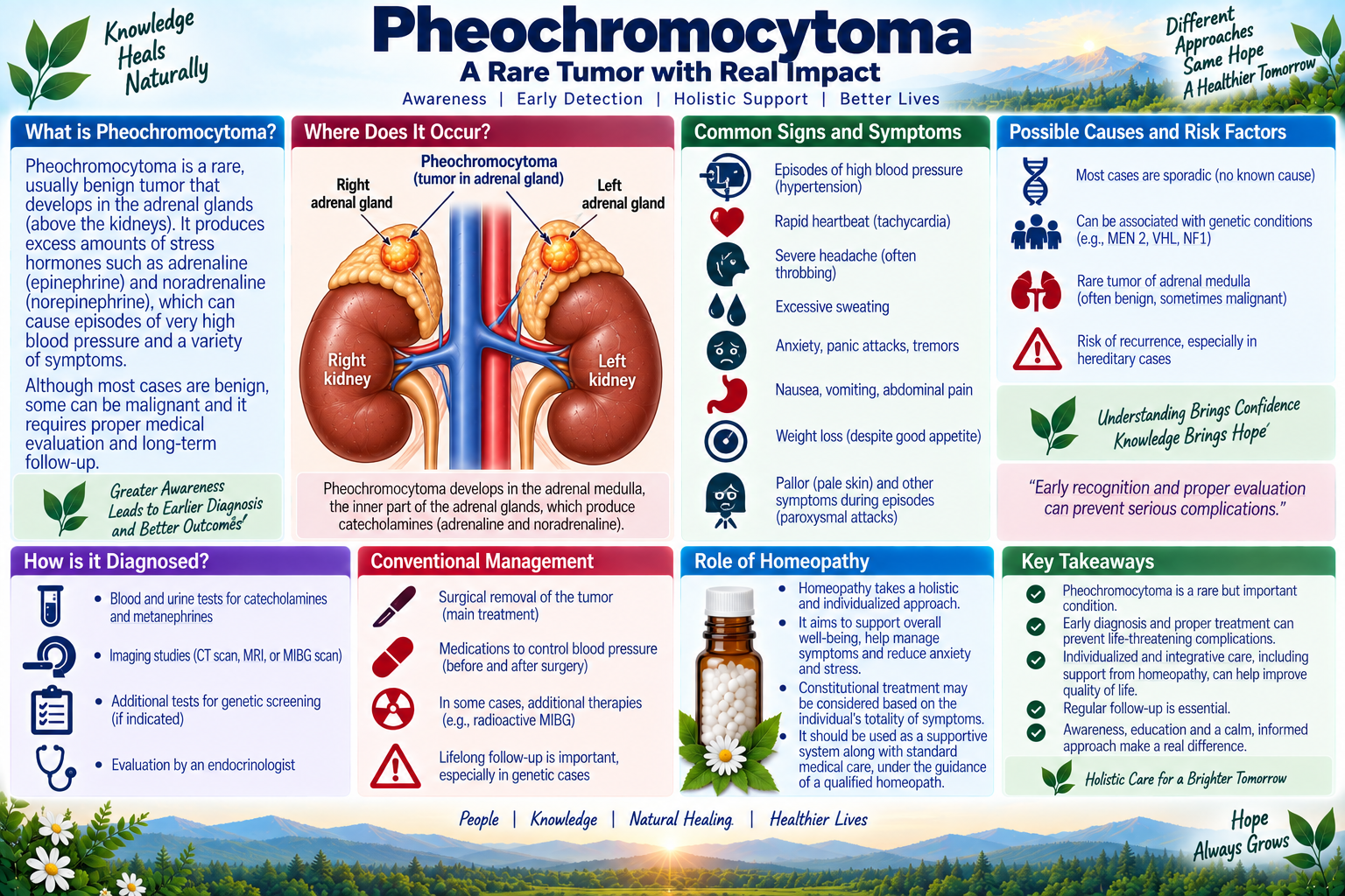 Homeopathic medicine for pheochromocytoma showing adrenal medulla care, catecholamine balance, and natural cardiovascular wellness