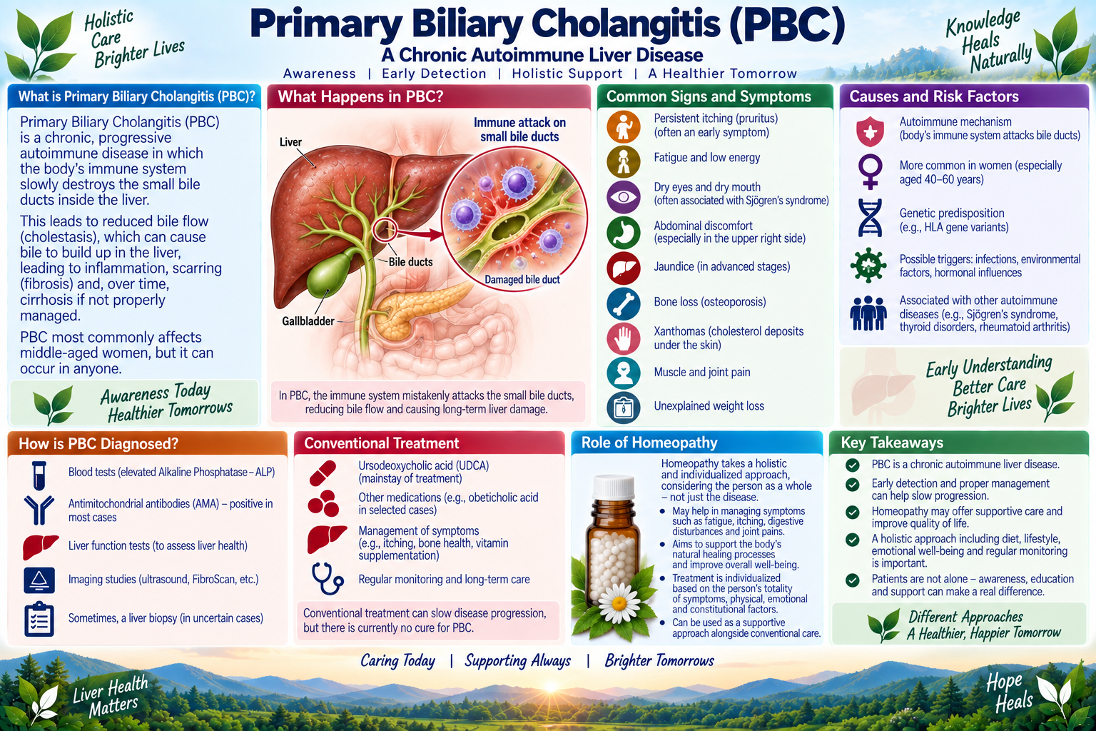 Homeopathic medicine for primary biliary cholangitis showing hepatic bile duct care, liver drainage, and natural gastroenterological wellness