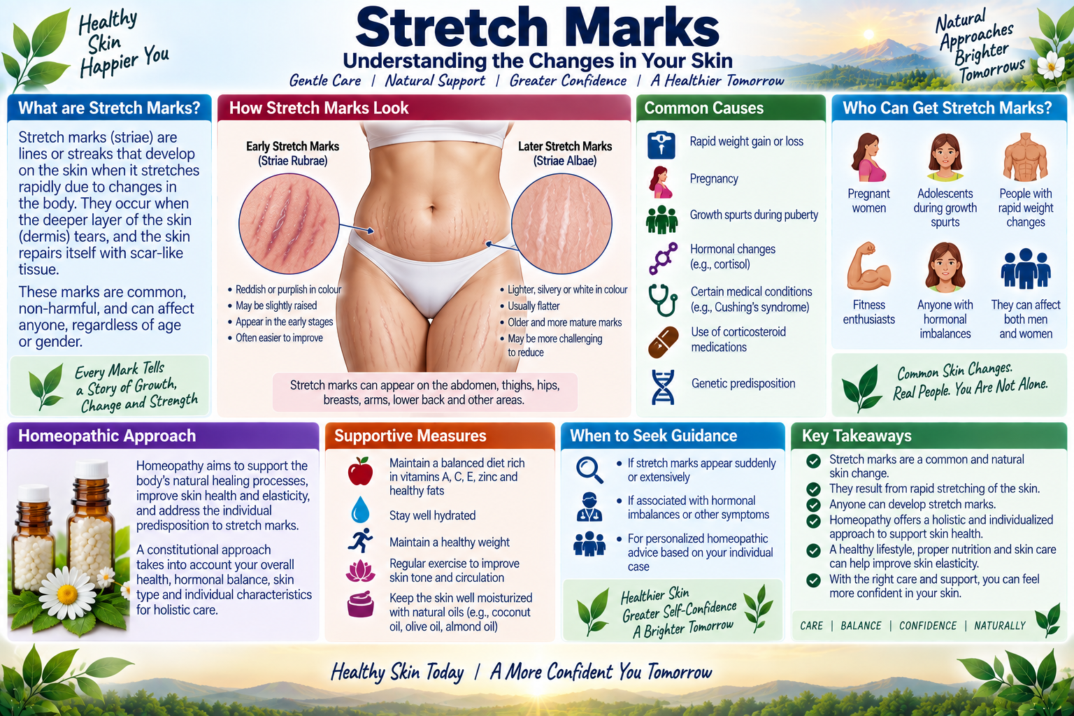 Homeopathic medicine for stretch marks showing dermal collagen care, striae healing, and natural dermatological wellness