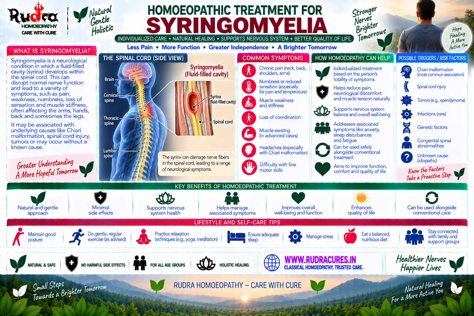 Homeopathic medicine for syringomyelia showing spinal cord care, syrinx cavity relief, and natural neurological wellness