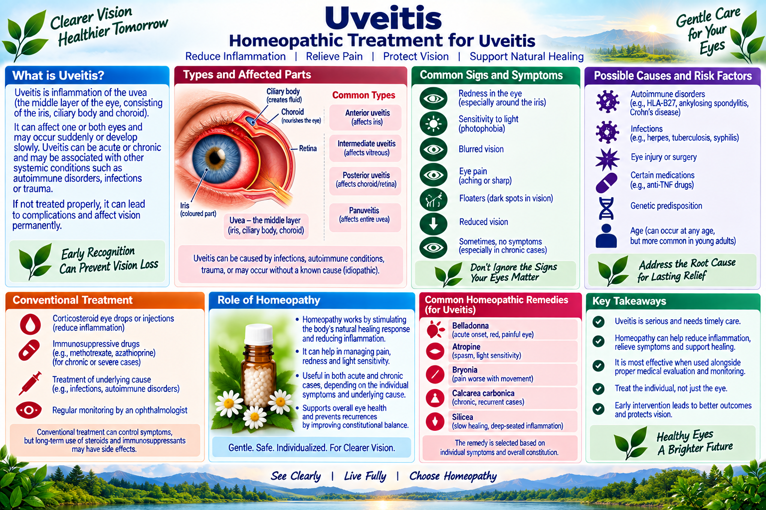 Homeopathic medicine for uveitis showing intraocular inflammation care, eye pain relief, and natural ophthalmological wellness