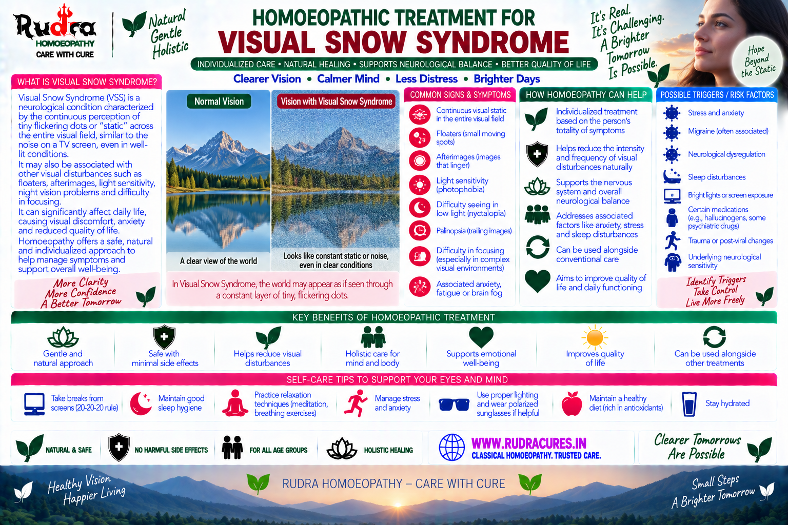 Homeopathic medicine for visual snow syndrome showing neurological eye care, visual static relief, and natural neural healing