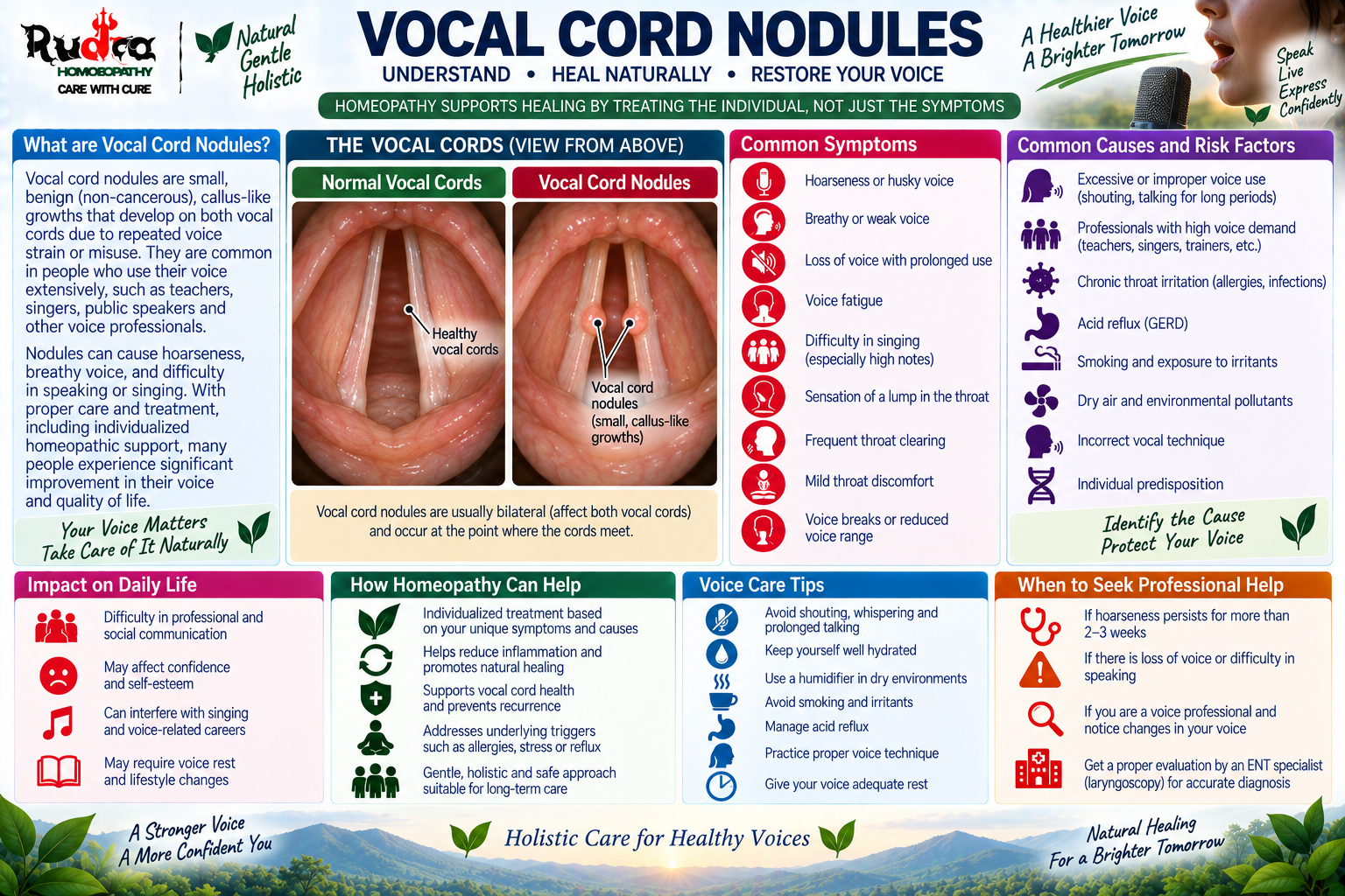 Homeopathic medicine for vocal cord nodules showing vocal fold care, hoarseness support, and natural laryngological wellness