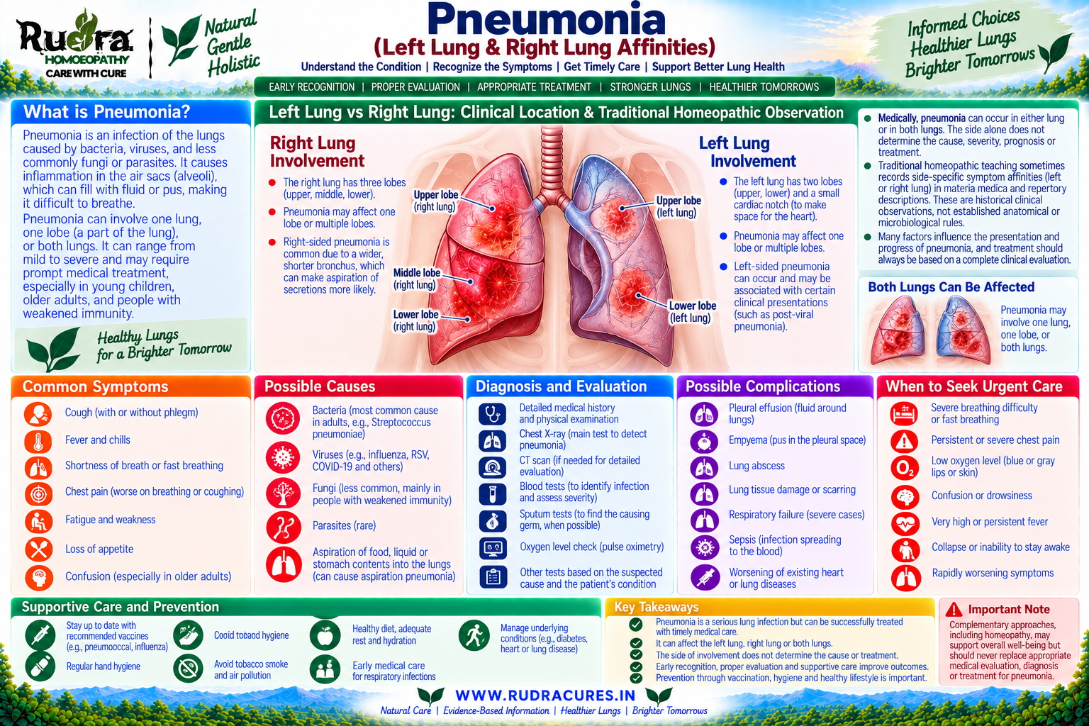 Homeopathic medicine for pneumonia showing alveolar consolidation support, left and right lung affinity care, and natural pulmonary wellness